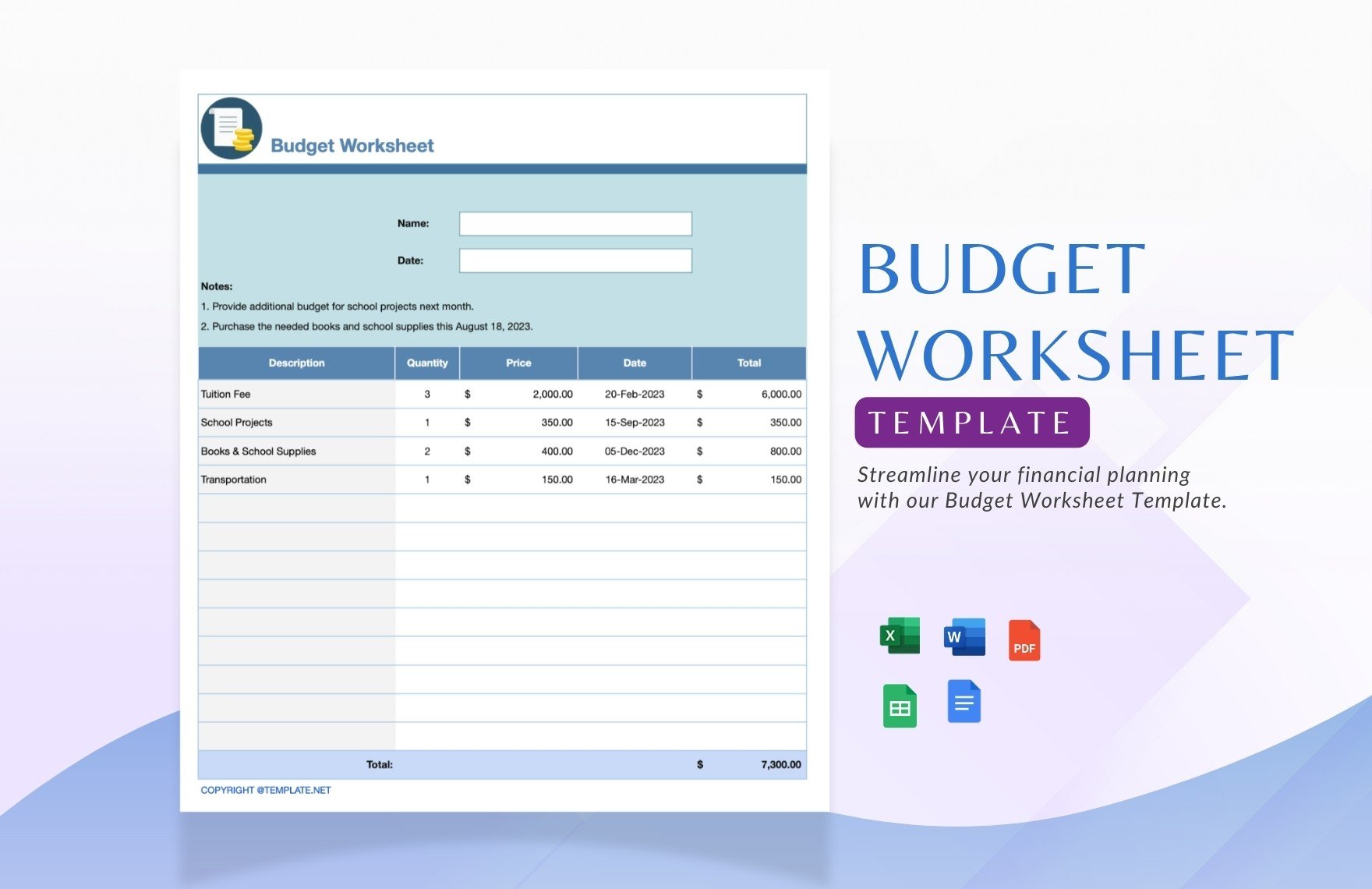 Budget Worksheet Template in Word, Google Docs, Excel, PDF, Google Sheets