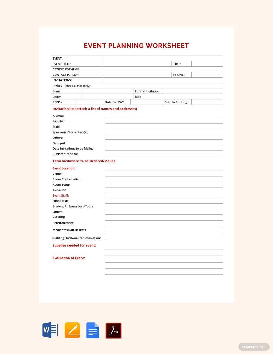 Sample Event Planning Worksheet Template