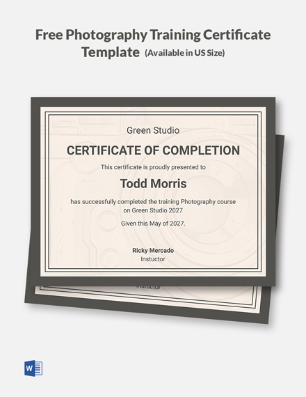Free Photography Training Certificate Template - Word