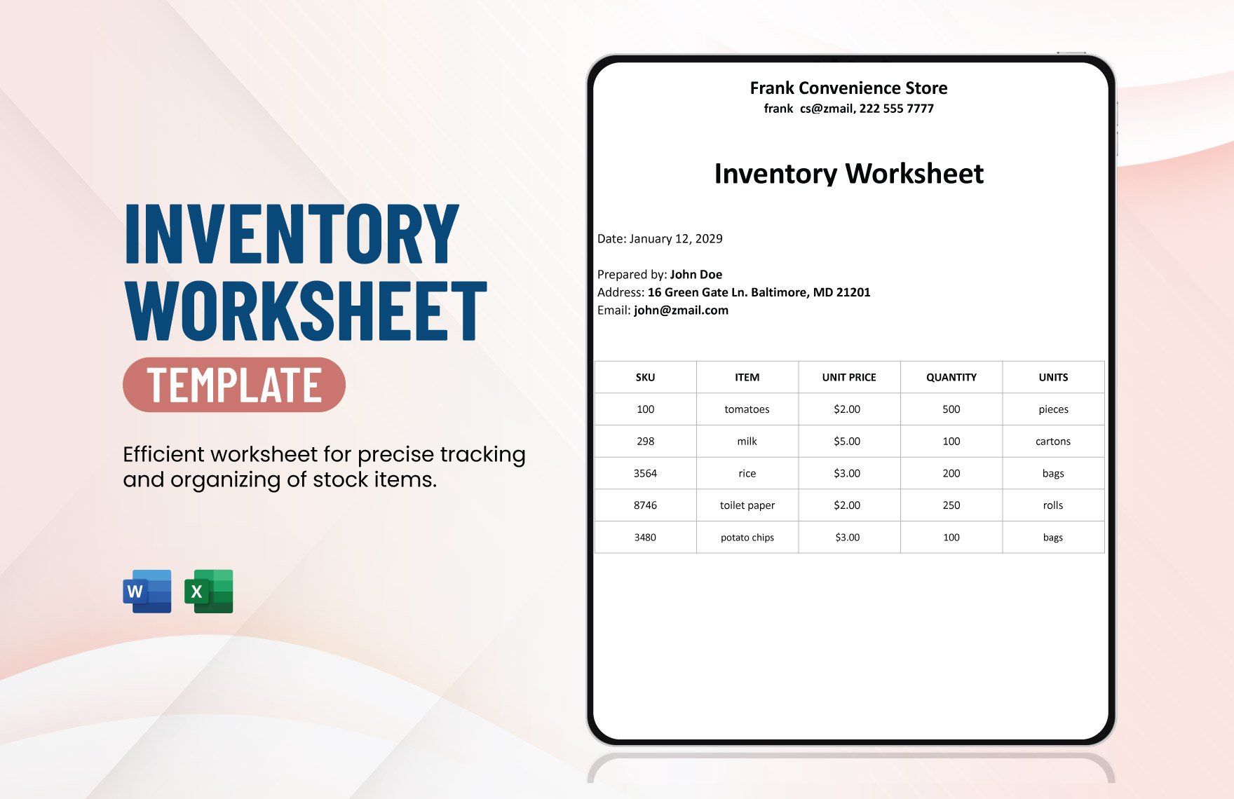 Inventory Worksheet Template in Word, Excel