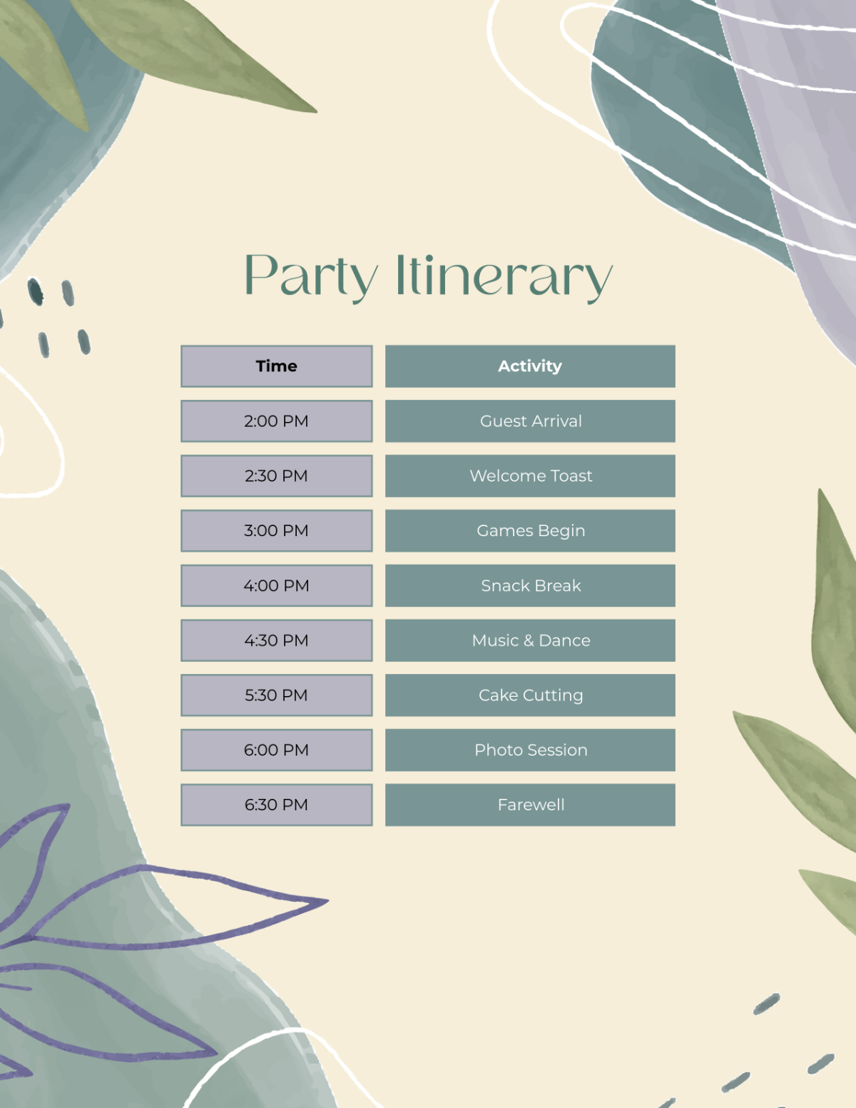 Free Party Itinerary Template