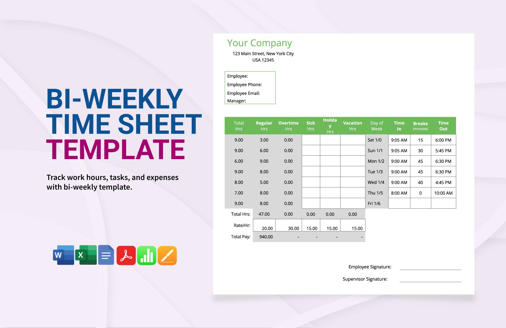 Bi-Weekly Time Sheet Template in Word, Google Docs, Excel, PDF, Apple Pages, Apple Numbers