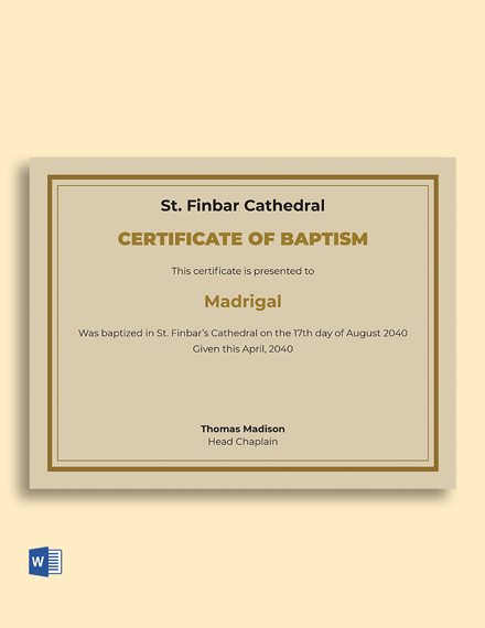 Free Catholic Church Baptism Certificate Template - Word | Template.net