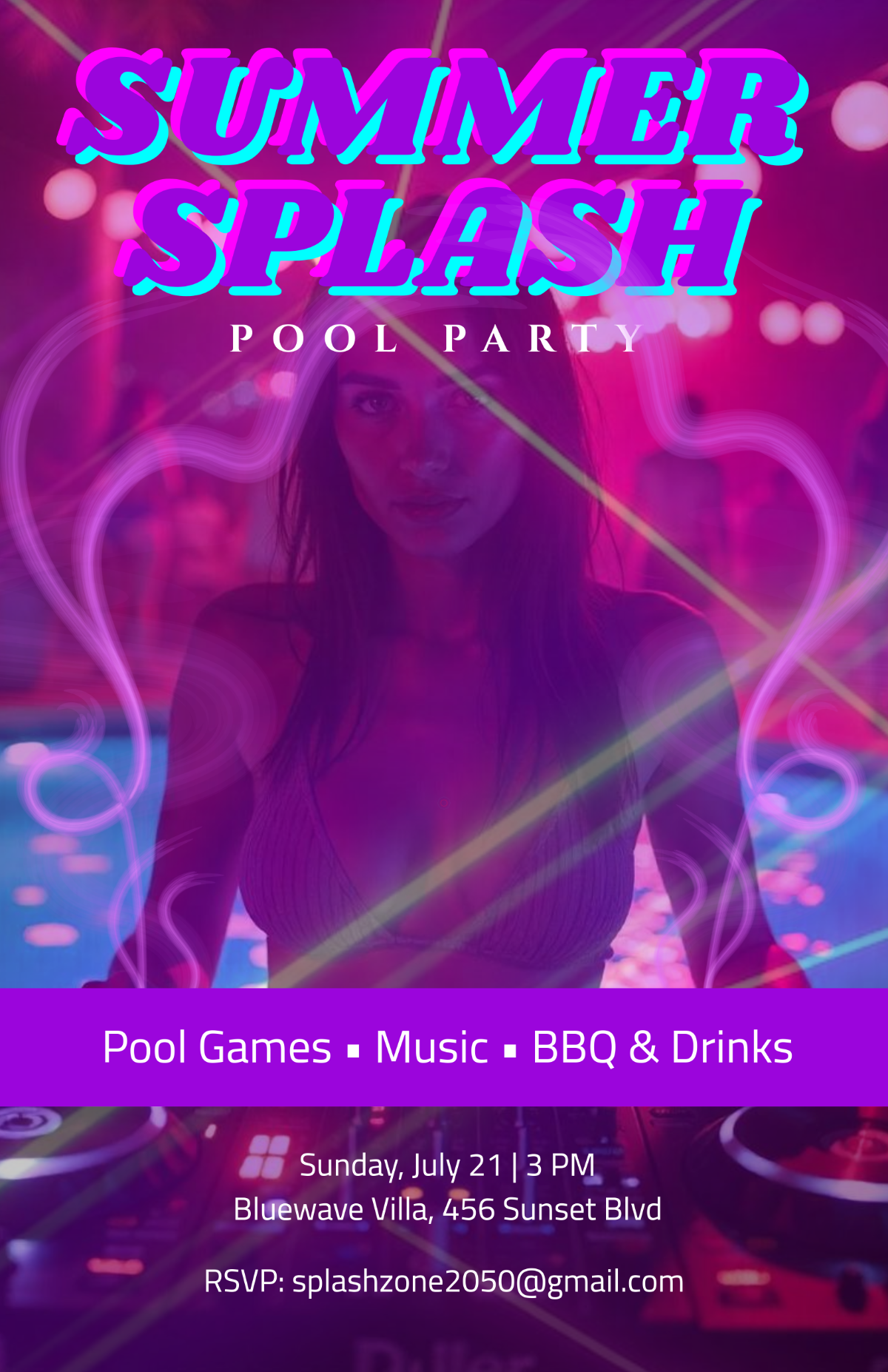 Free Purple Pool Party Poster Template to Edit Online