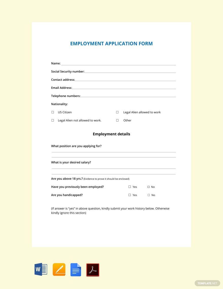 Sample Employment Application Form Template Google Docs, Word, Apple