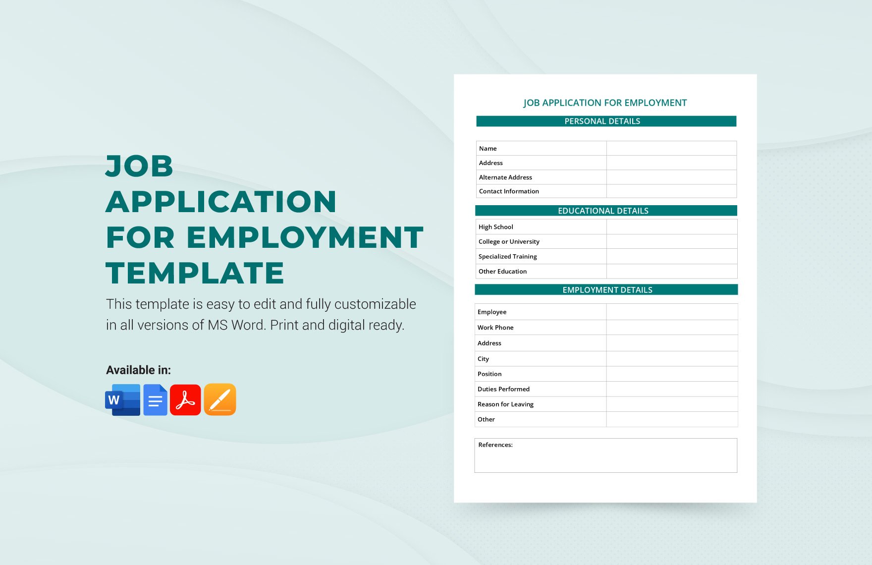 Job Application for Employment Template in Word, Google Docs, PDF, Apple Pages
