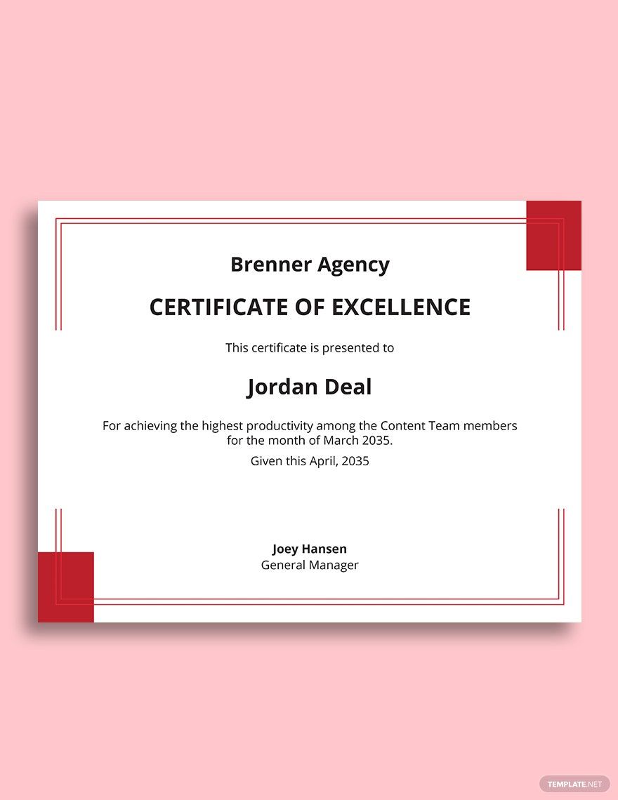 Excellence Corporate Certificate template
