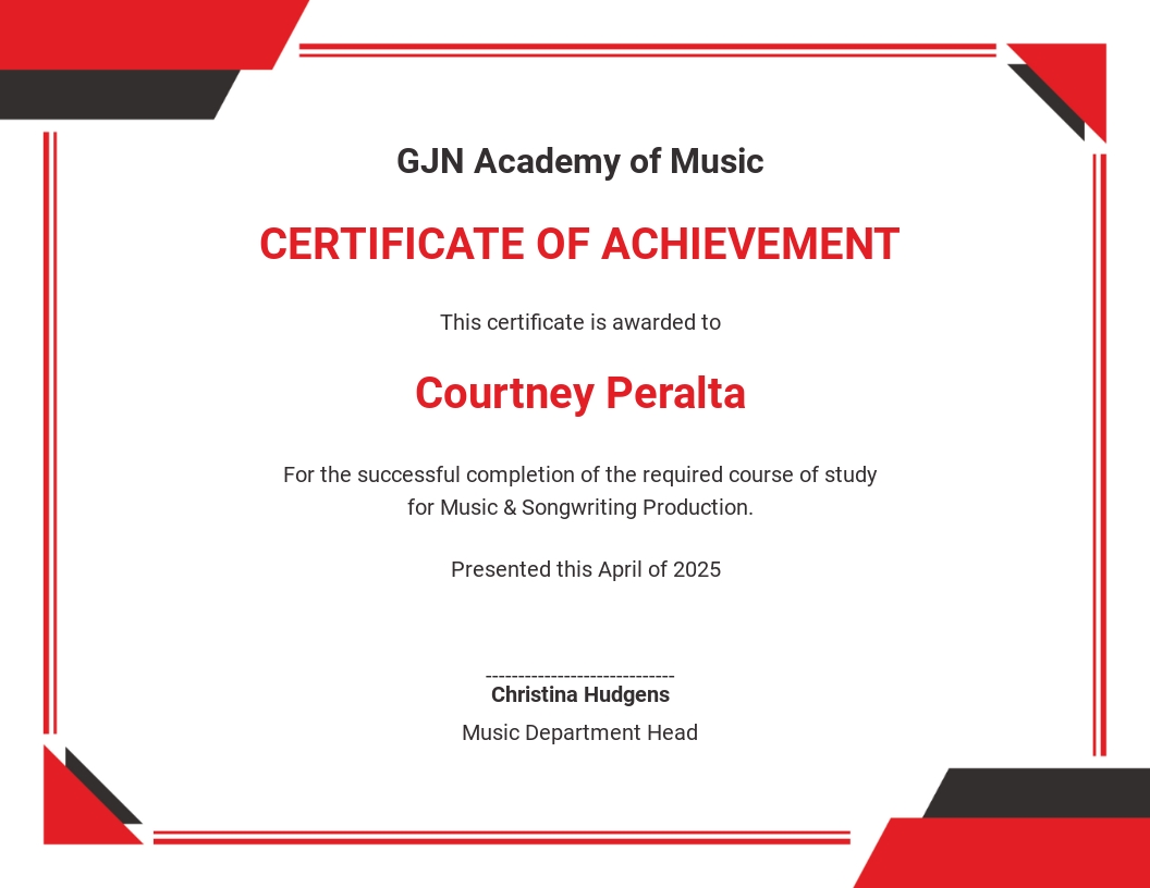 Music Achievement Award Certificate Template - Word