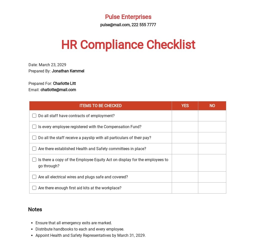 Hr Compliance Checklist Template Excel