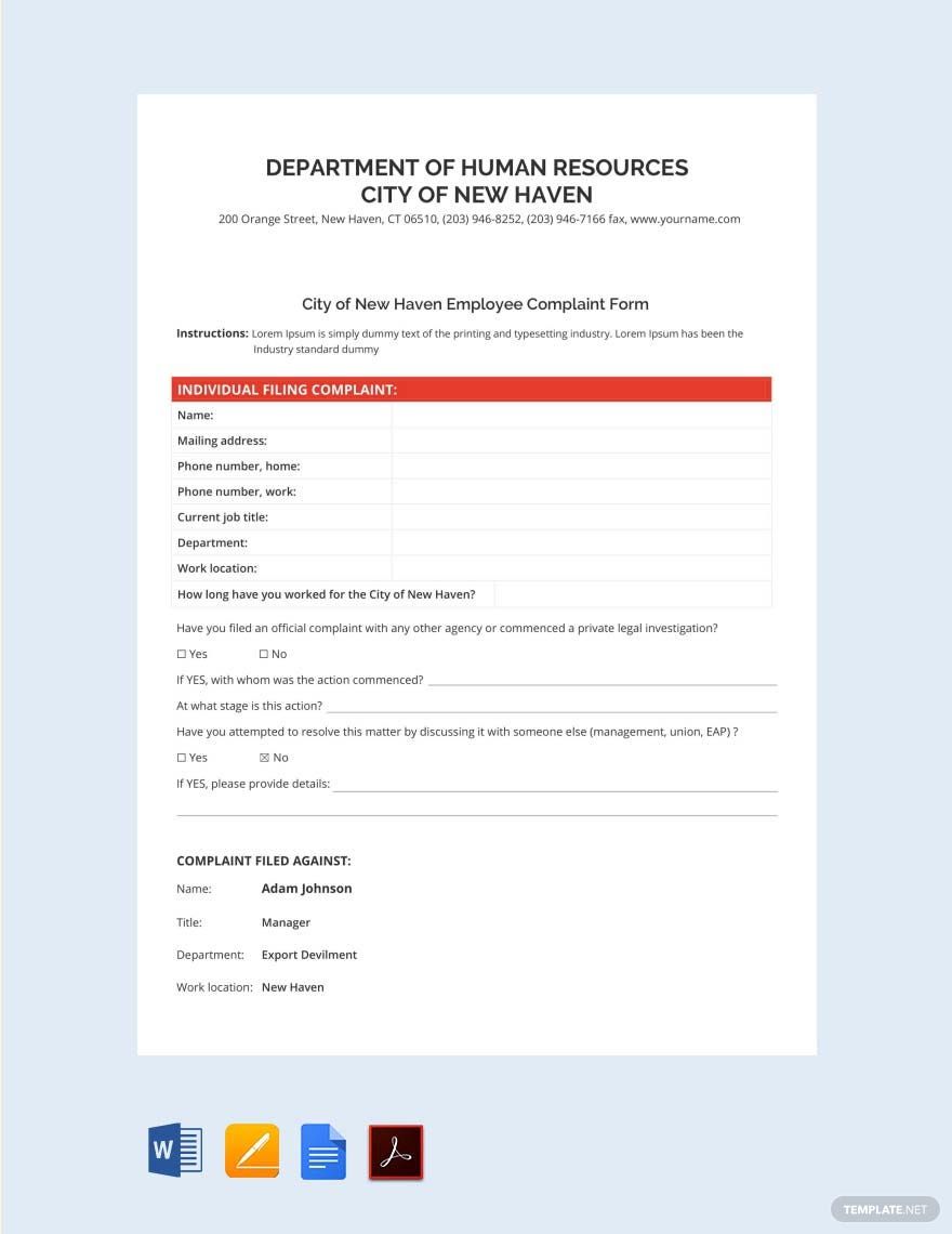 Individual Employee HR Complainant Form Template