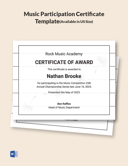Free Music Participation Certificate Template - Word