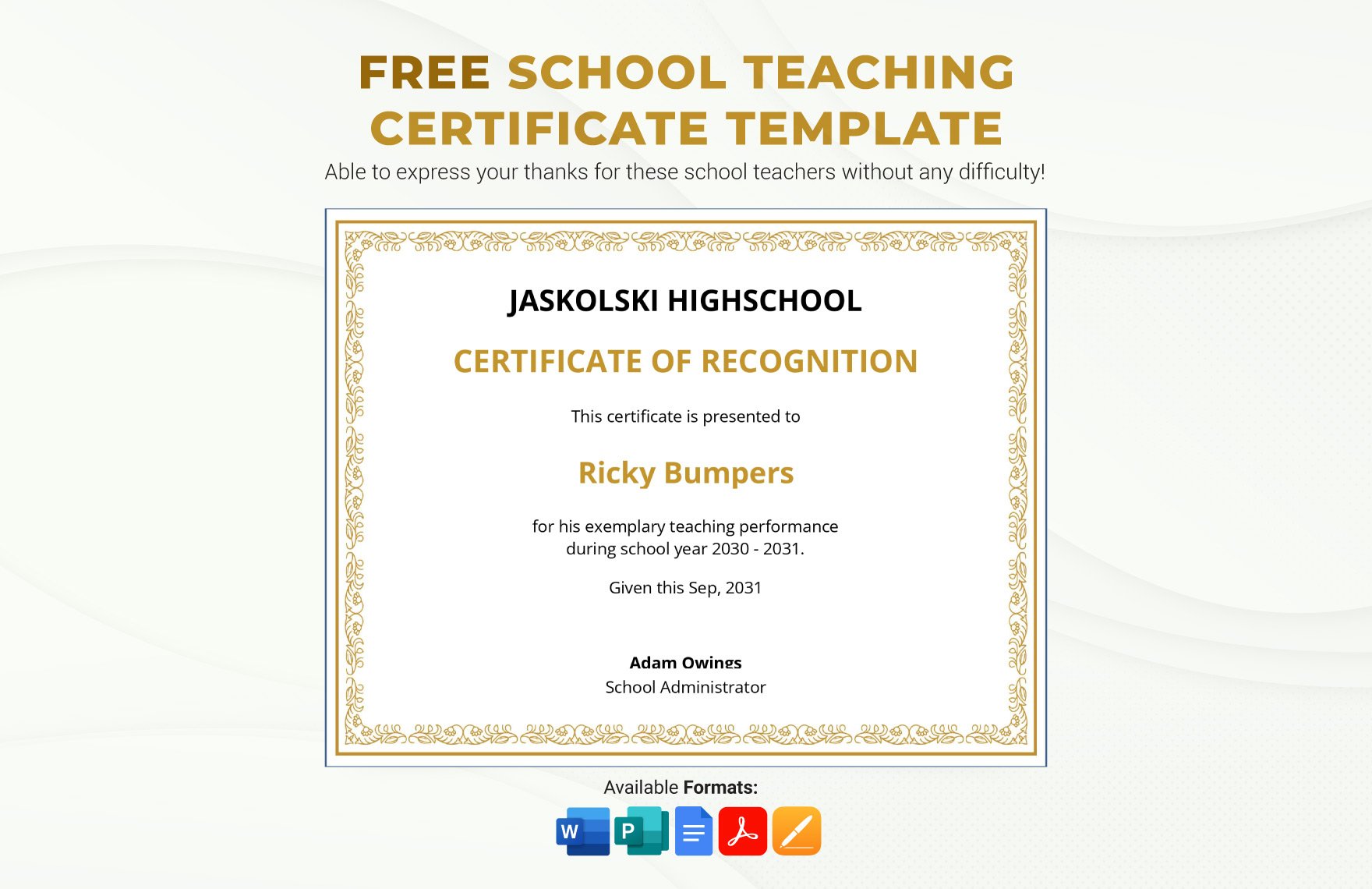 School Teaching Certificate Sample Template