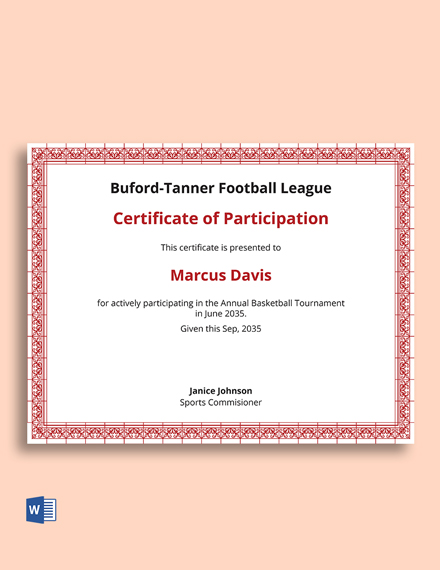 Basketball Participation Certification Template - Word