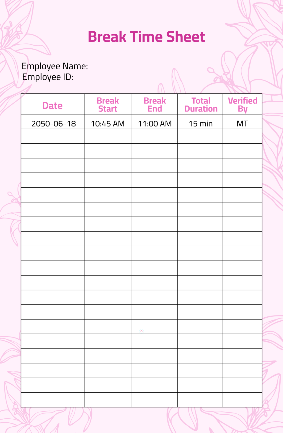 Free Break Time Sheet Template