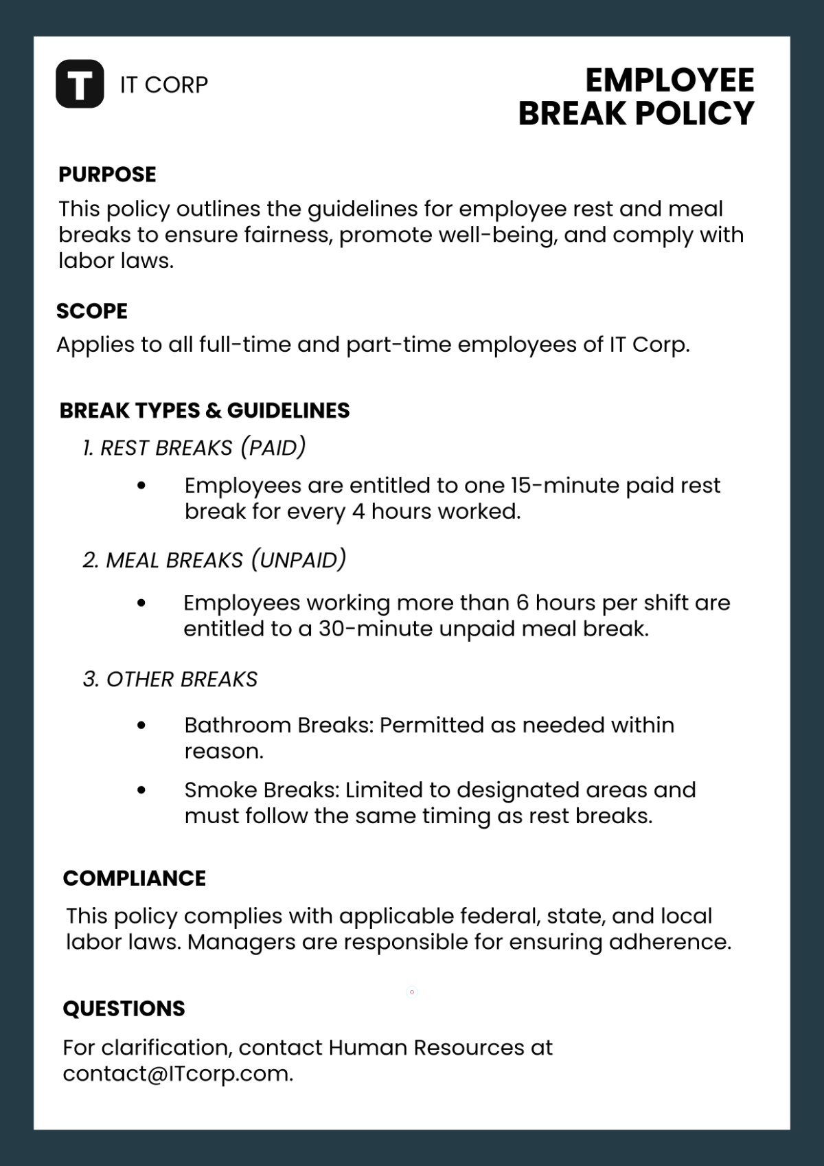 Free Blank Break Policy Template