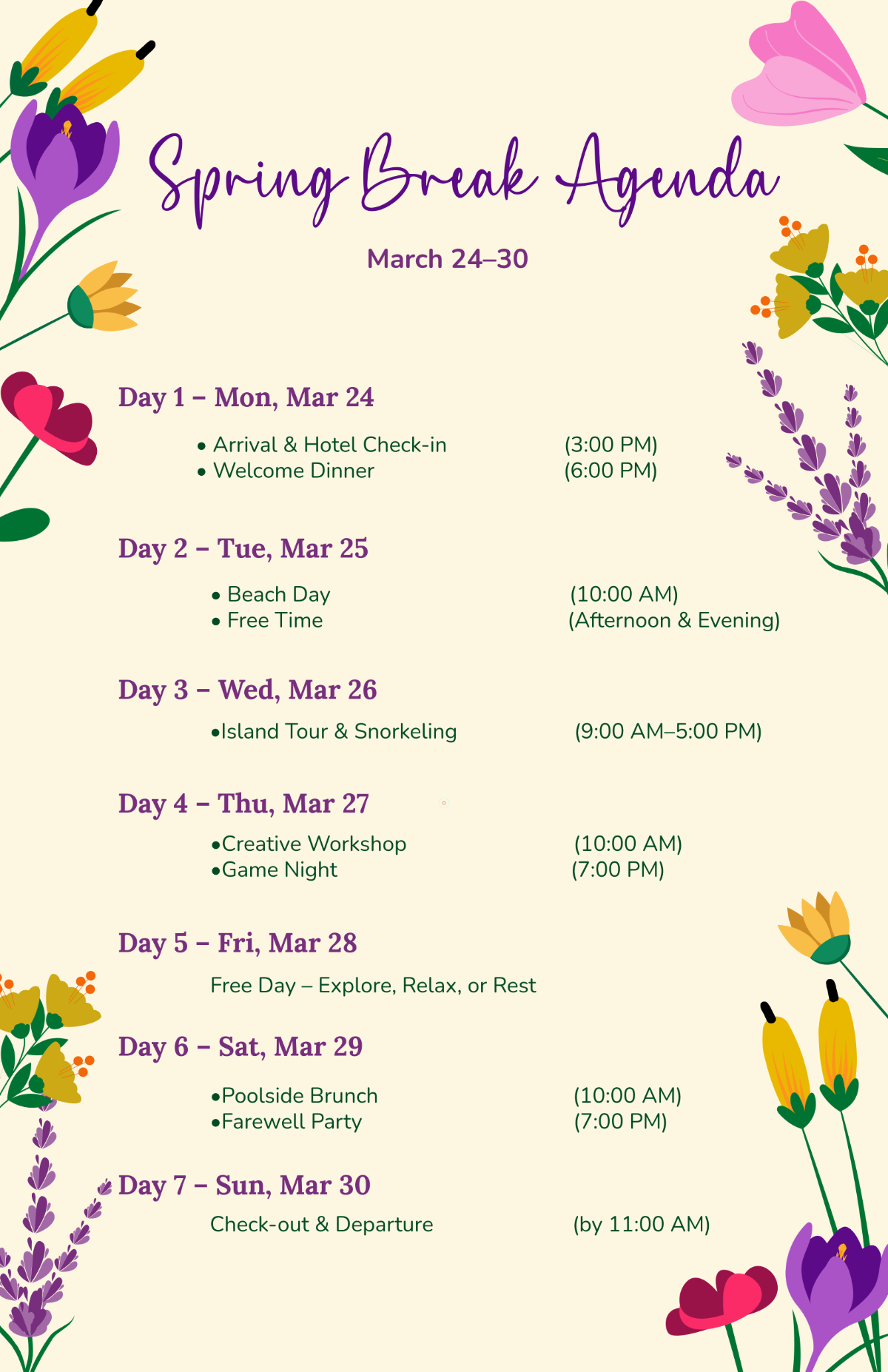 Spring Break Agenda Template