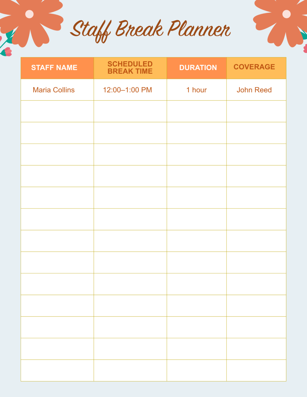 Free Staff Break Planner Template