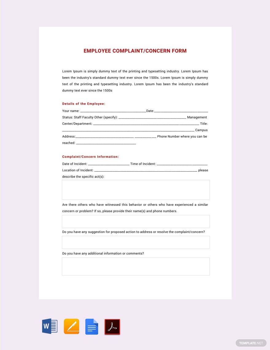 HR Employee Complaint/ Concern Form Template