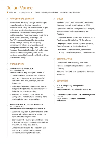 Free Hospitality ATS Resume Template, AI Resume Builder