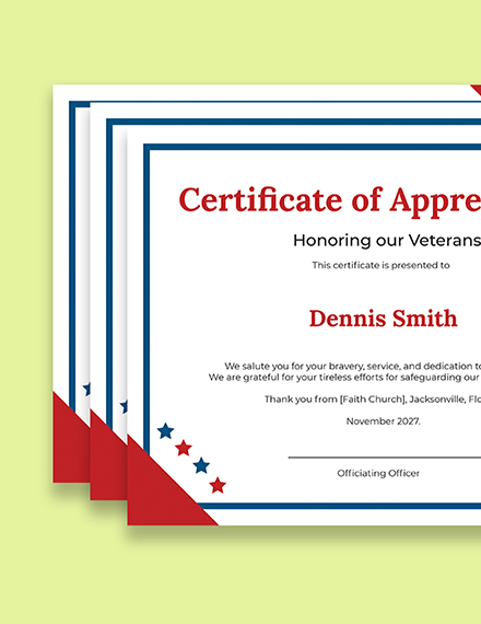 Veterans Day Appreciation Certificate Template Printable