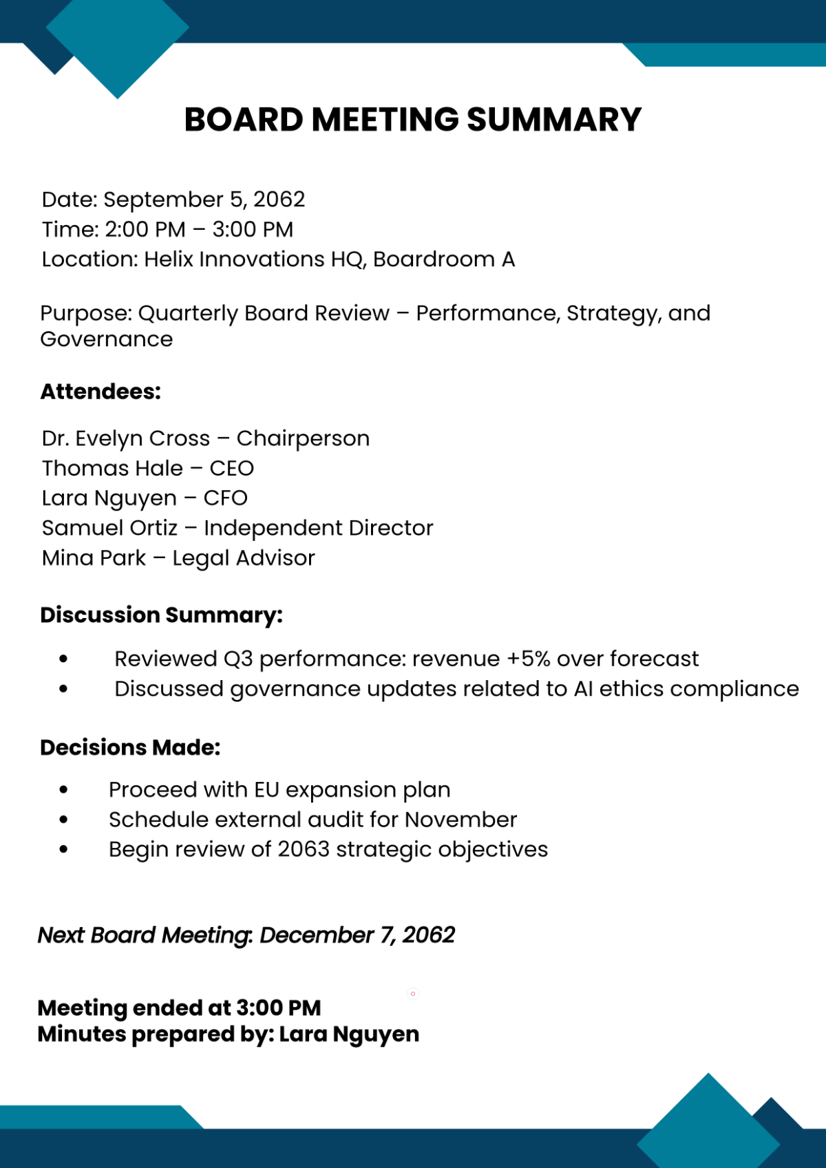 Free Board Meeting Template
