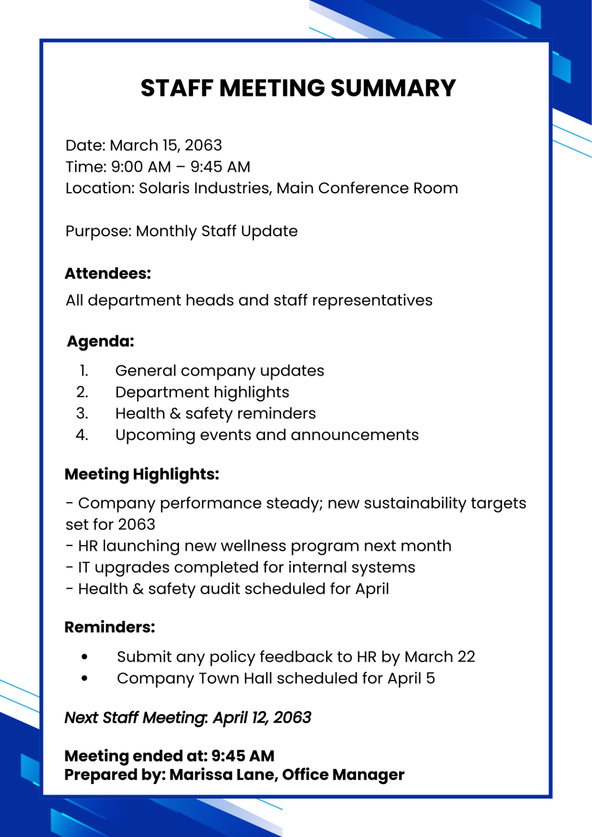 Free Printable Staff Meeting Template