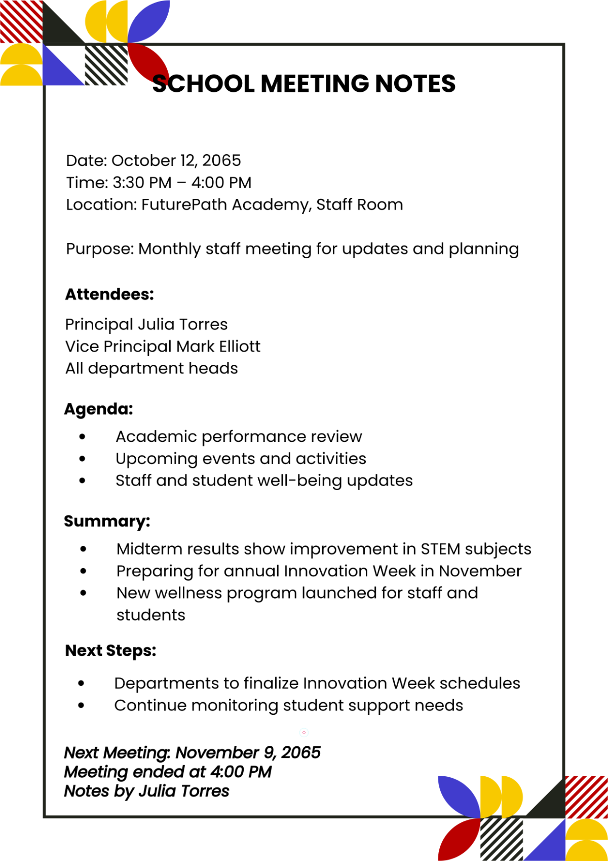 Free School Meeting Template