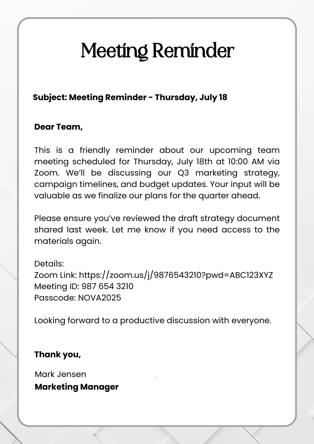 Free Meeting Reminder Template