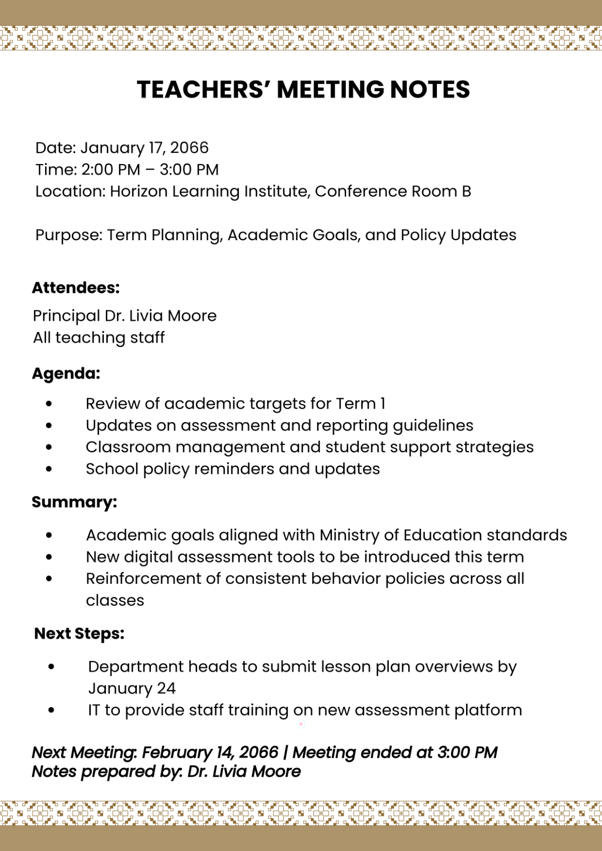 Free Formal Meeting for Teachers Template