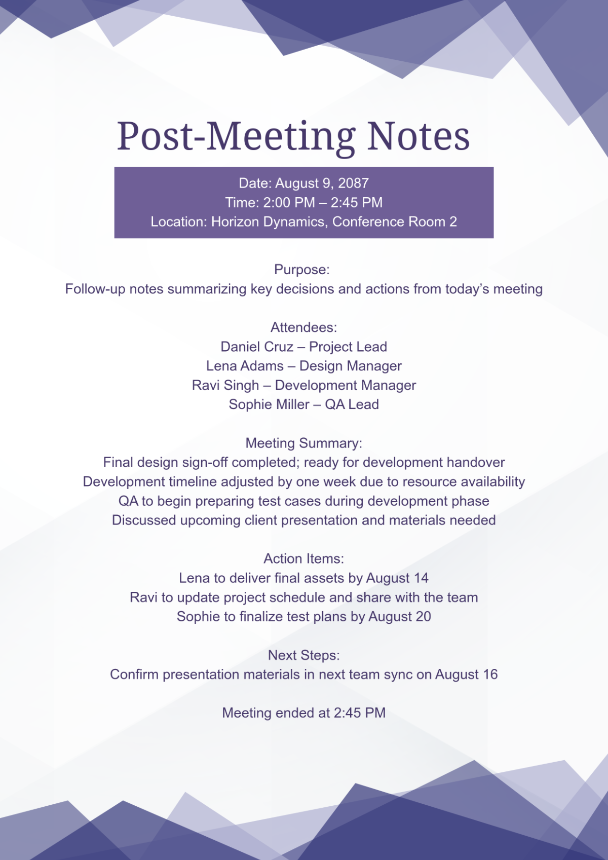 Free Modern Post Meeting Template