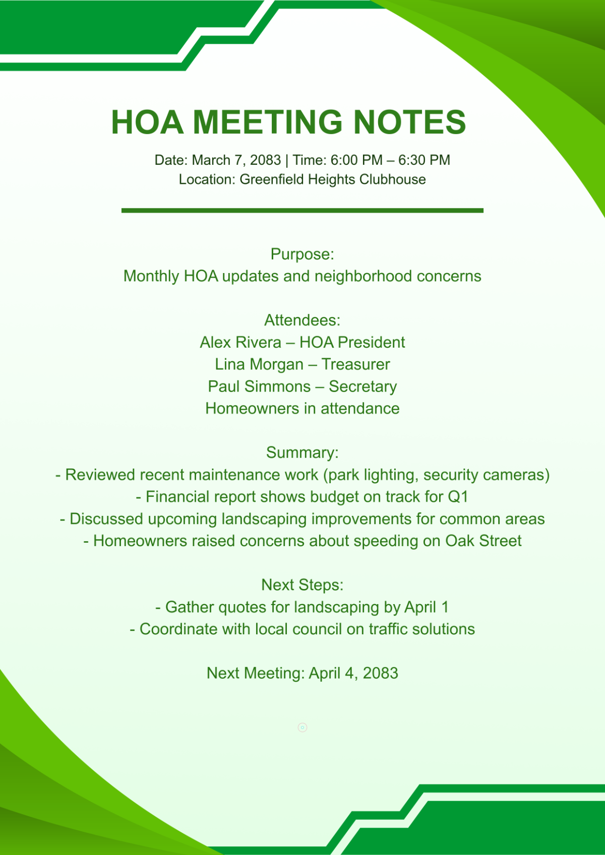 Free Editable HOA Meeting Template