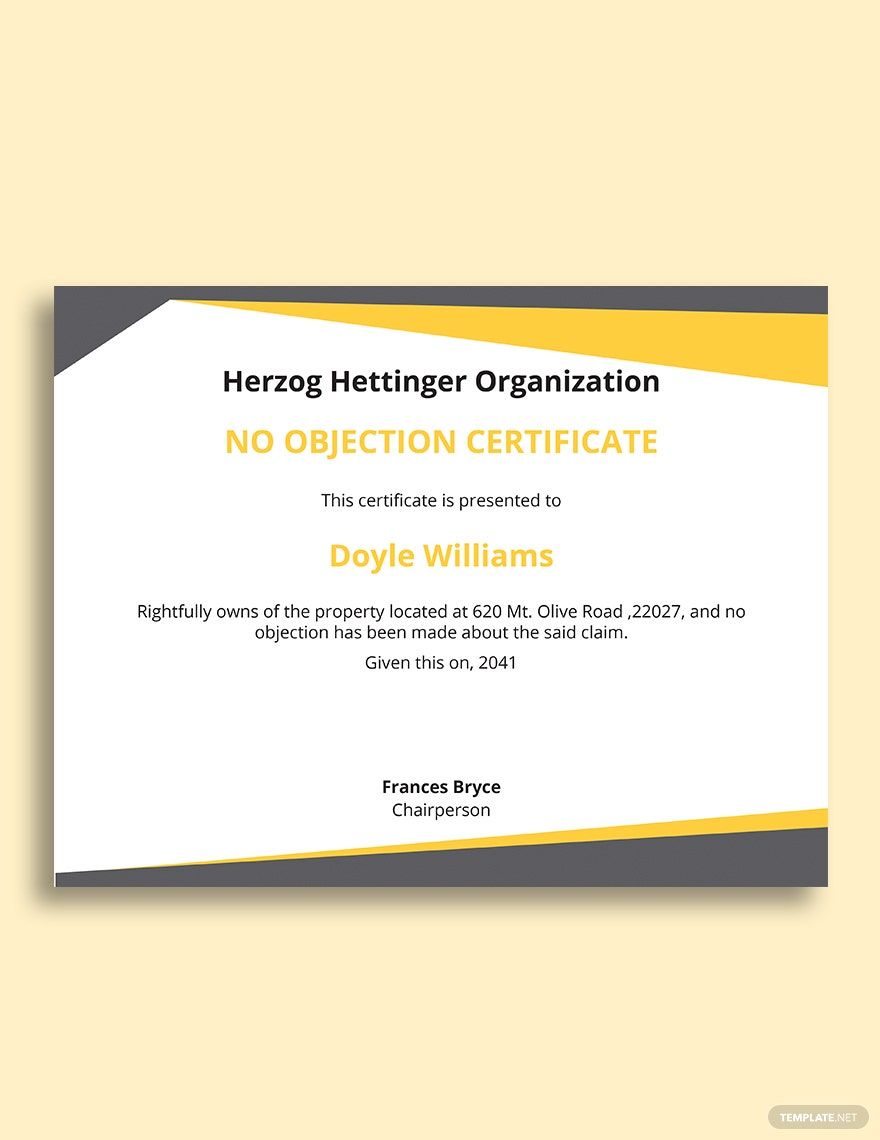 Free No Objection Certificate For Property Template