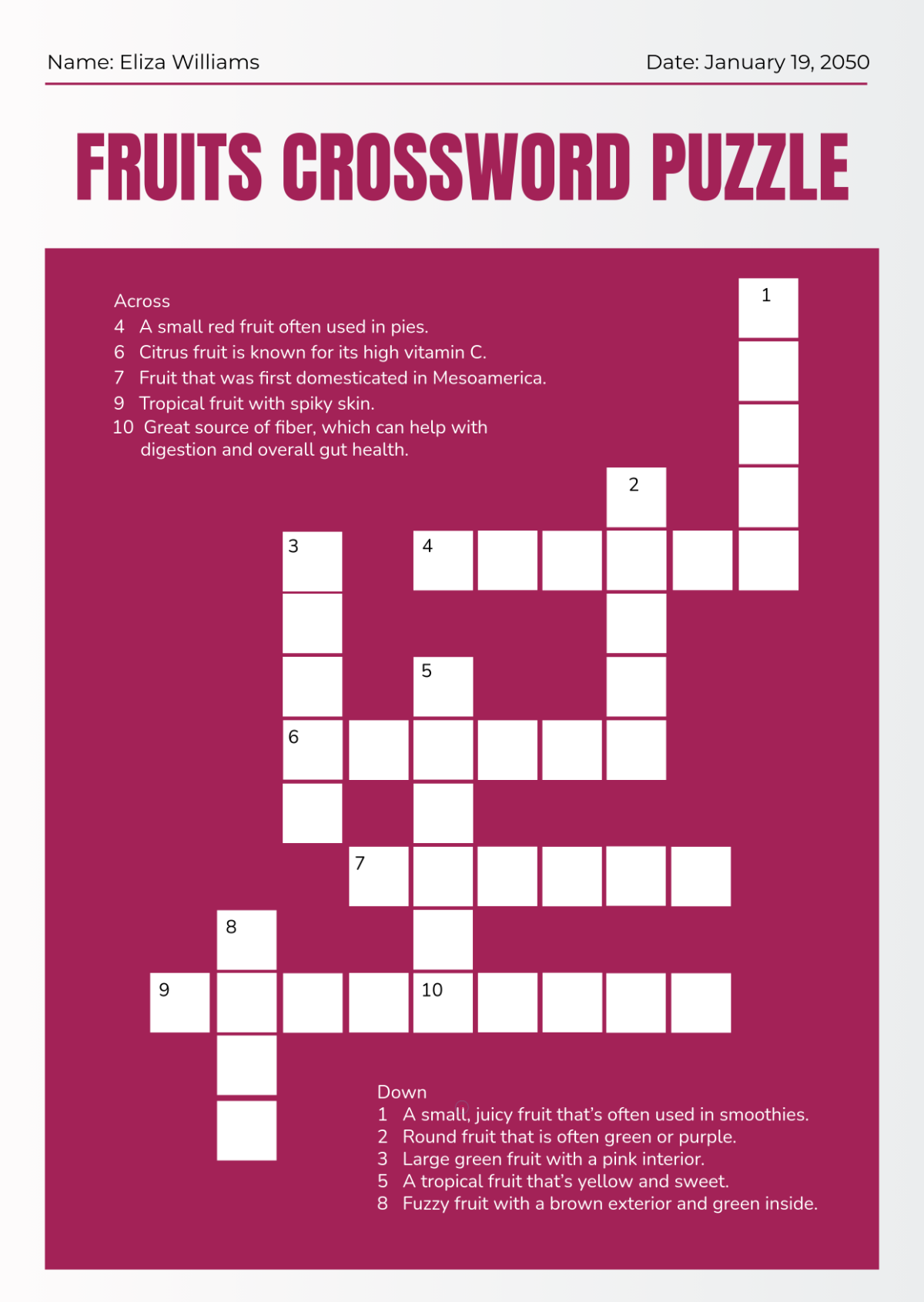 Free 10-Word Crossword Template to Edit Online