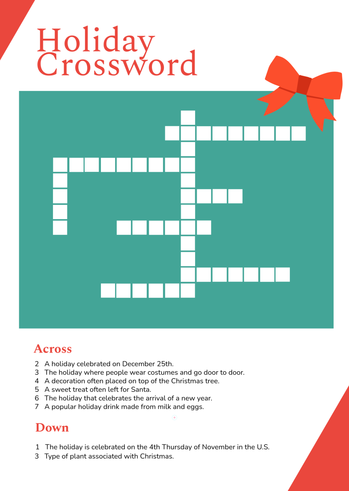 Free Holidays Crossword Template