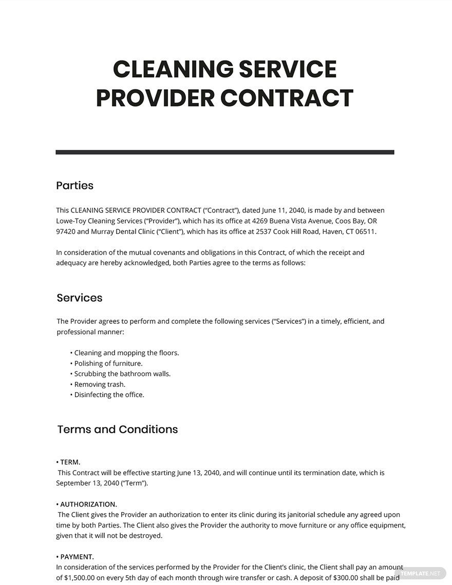 Free Cleaning Service Provider Contract Template