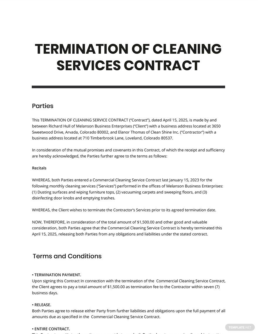 Free Termination of Cleaning Services Contract Template