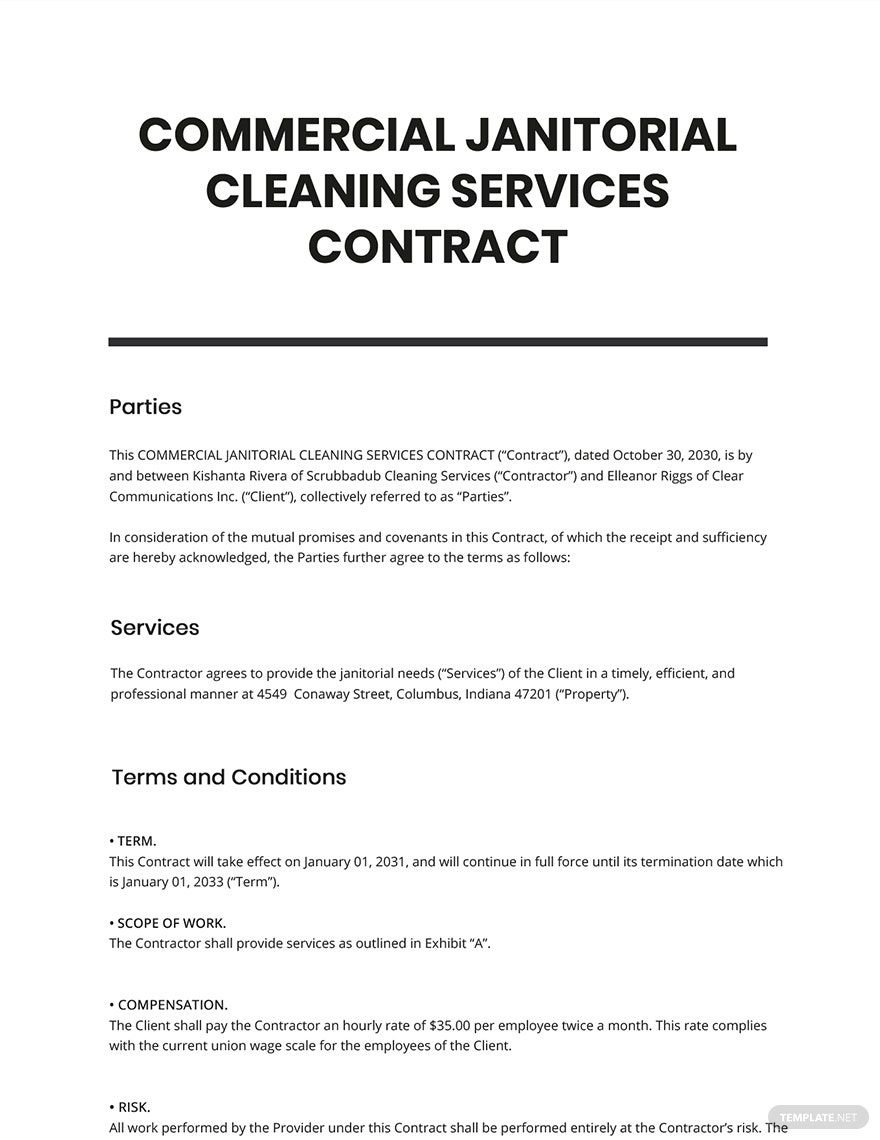 Sample Commercial Contract Cleaning Janitorial Services Template