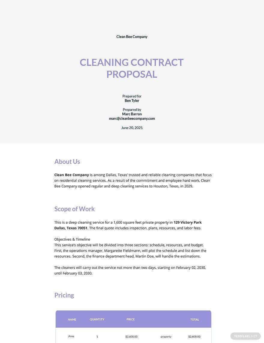Free Sample Cleaning Contract Proposal Template
