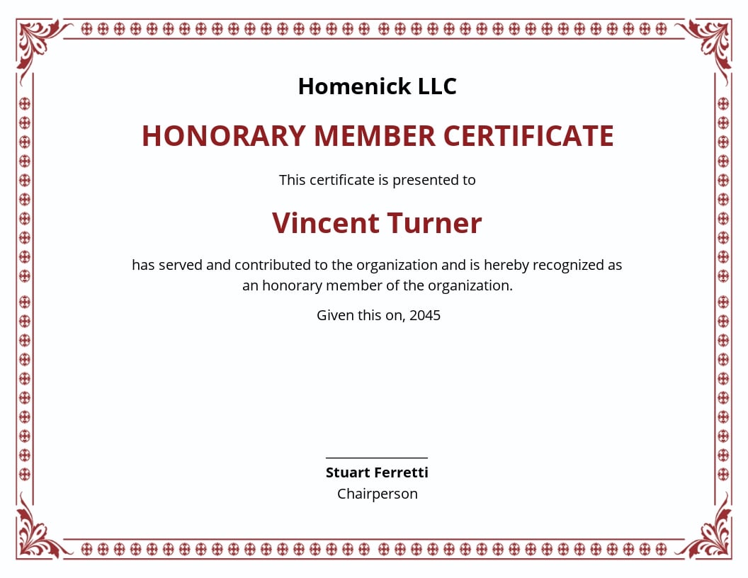 Honorary Member Certificate