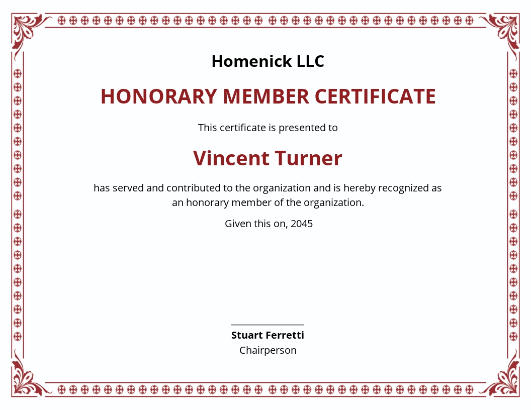 Certificate Of Honorary Membership Template - Word