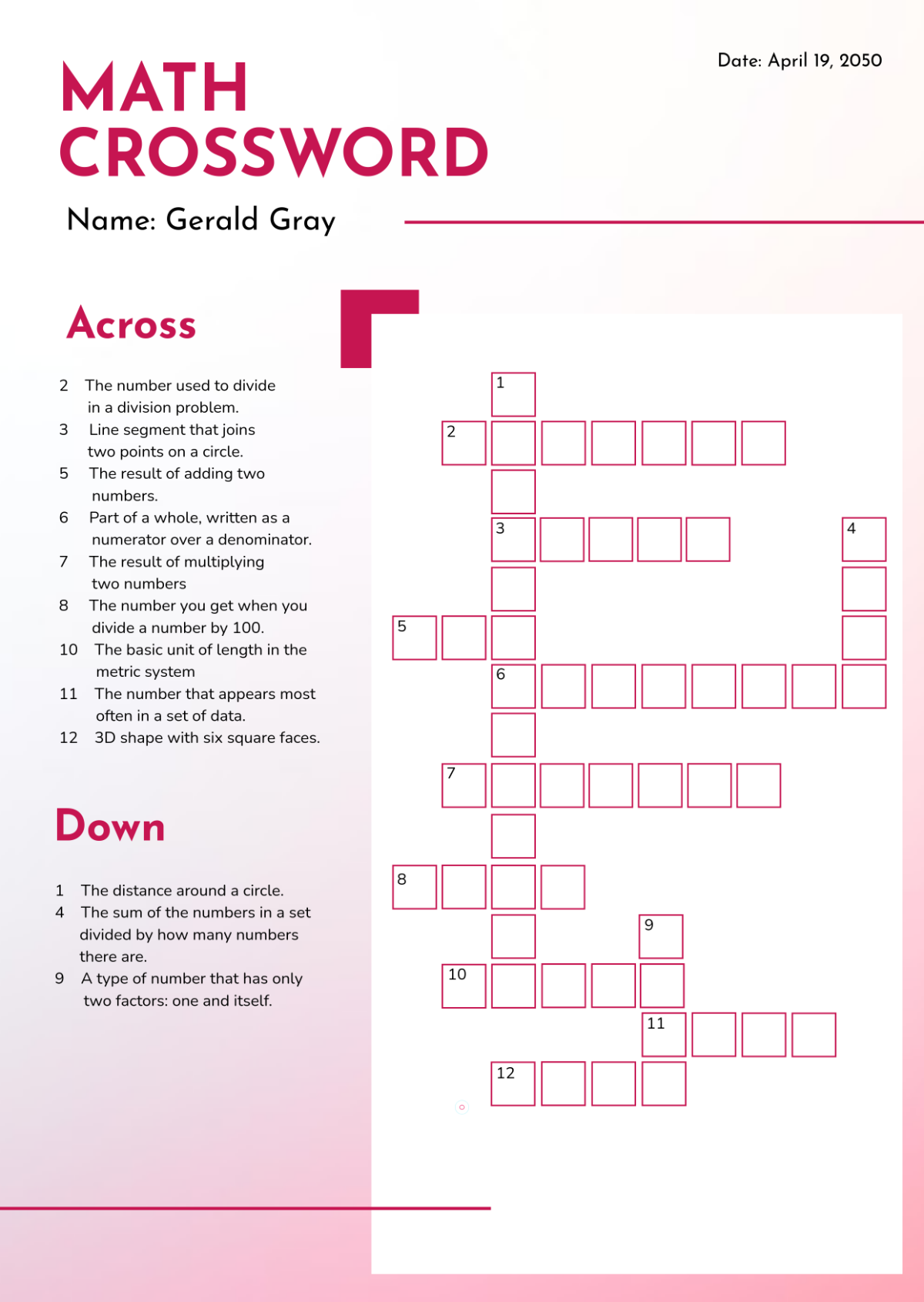 Free Professional Math Crossword Template