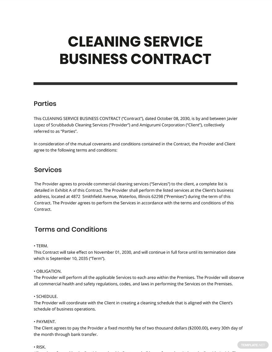 Free Sample Cleaning Service Business Contract Template