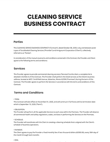 Free Sample Cleaning Service Business Contract Template Word