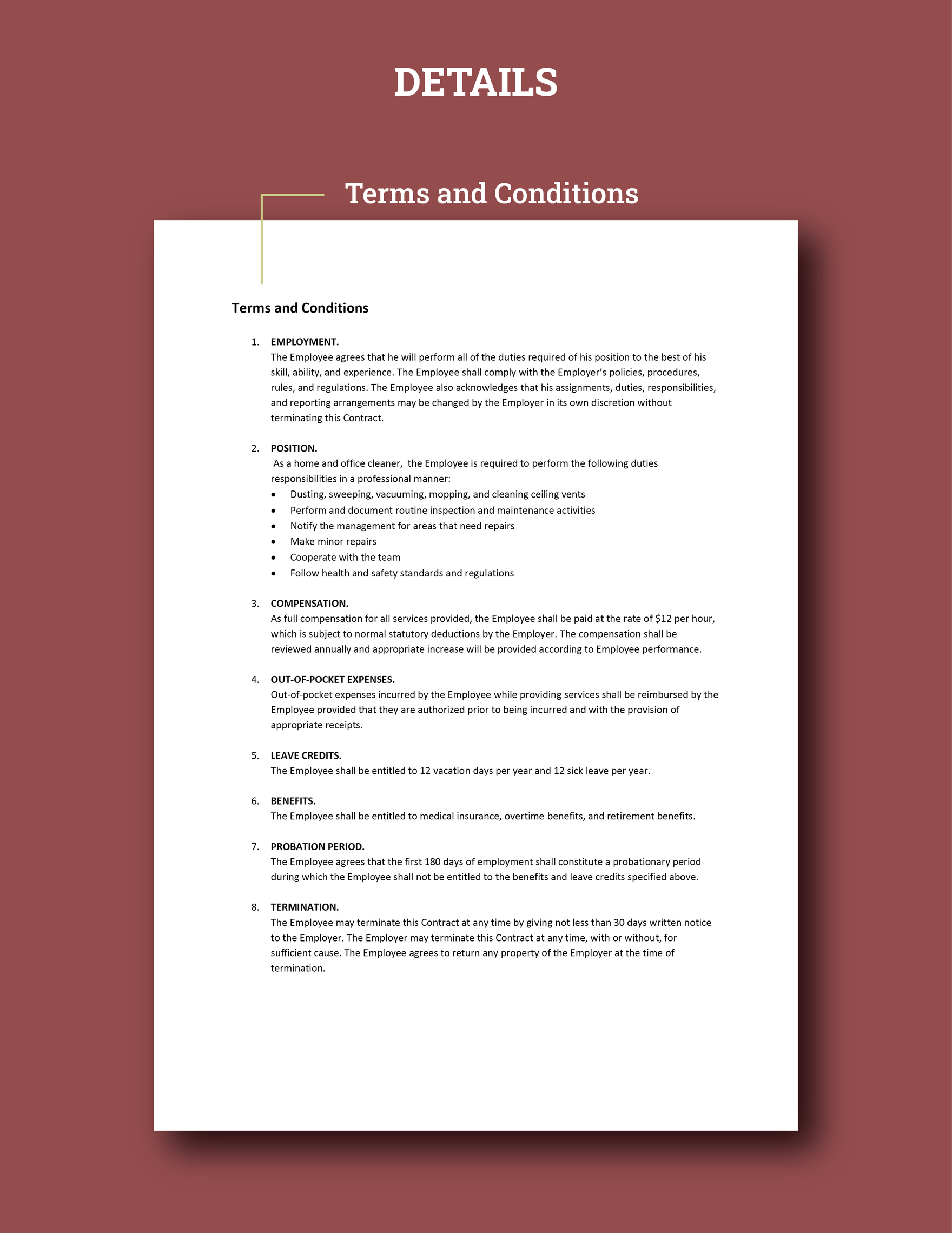 Cleaning Service Employee Contract Template