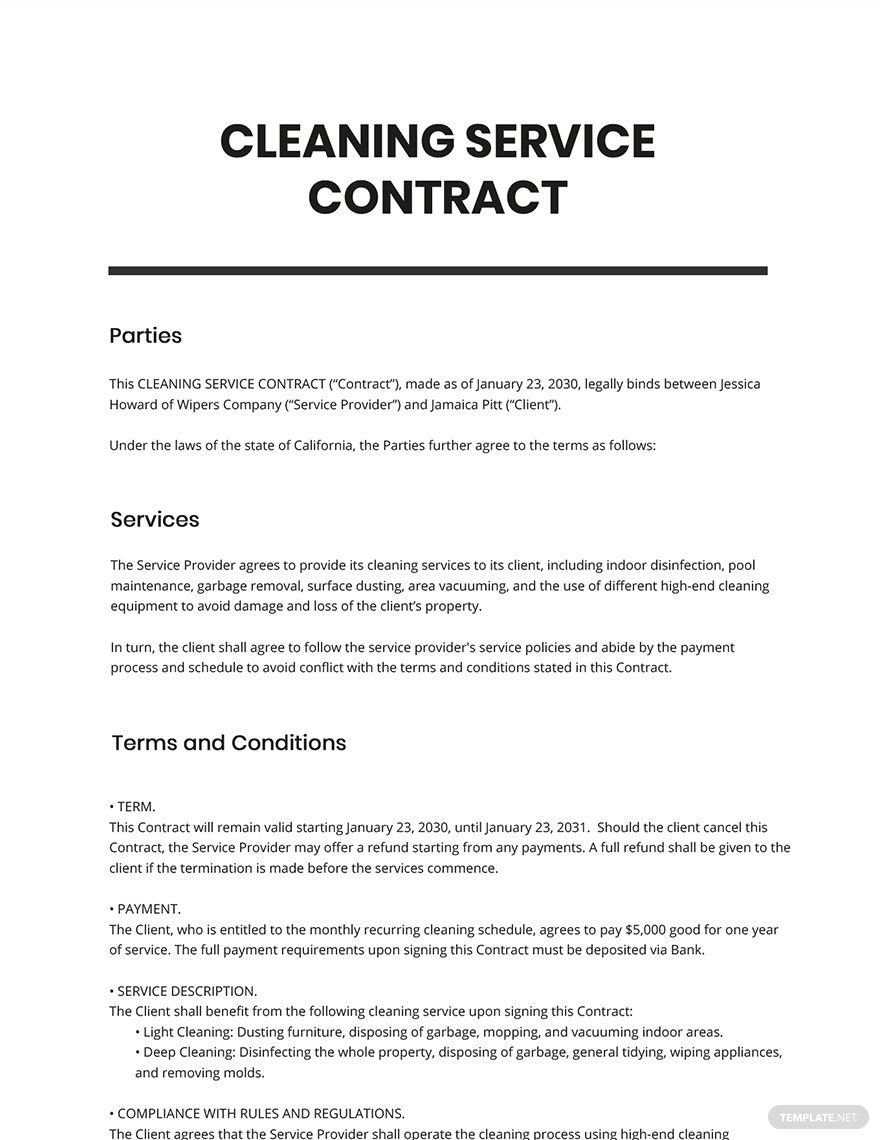 Free Simple Cleaning Service Contract Template