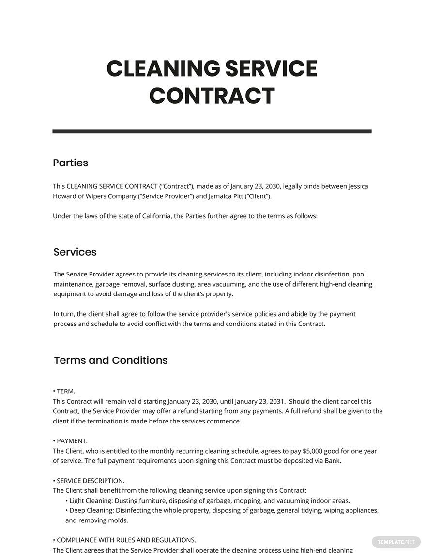 Cleaning Service Contract Template Free