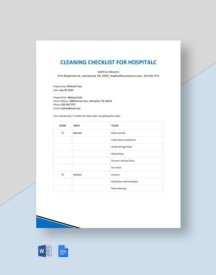 Cleaning Checklist for Hospital