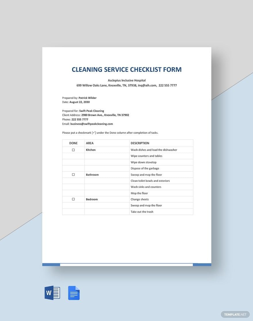 Free Cleaning Service Checklist Form Template