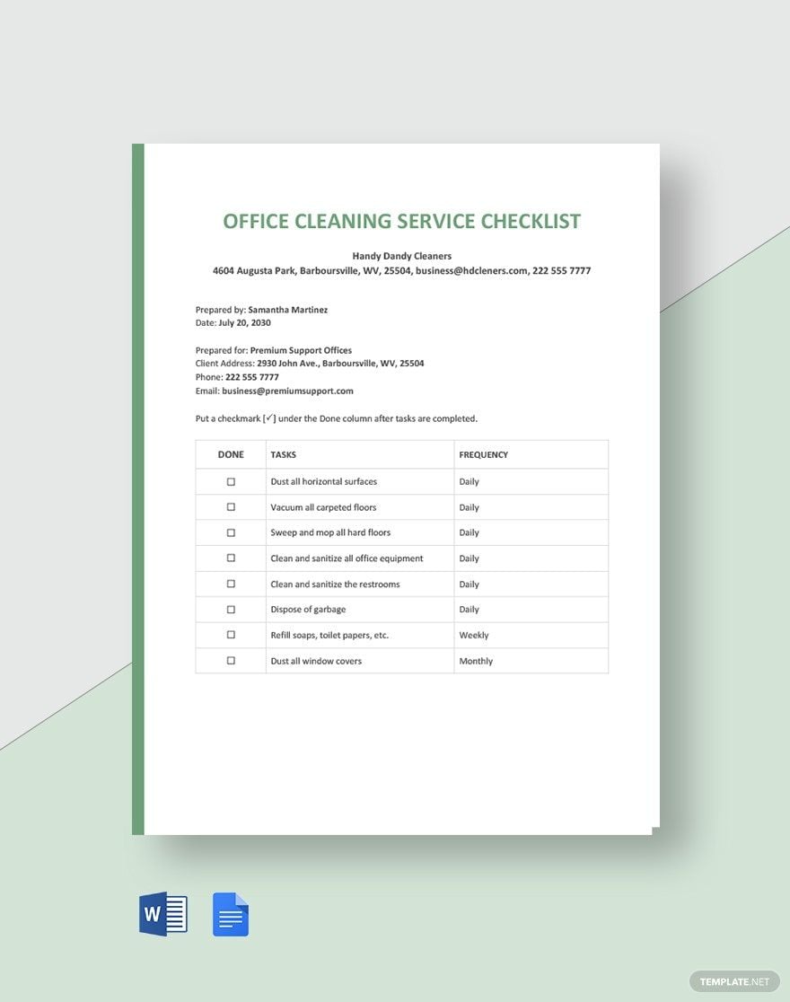 Office Cleaning Service Checklist Template