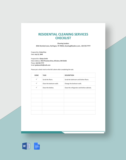 Residential Cleaning Services Checklist